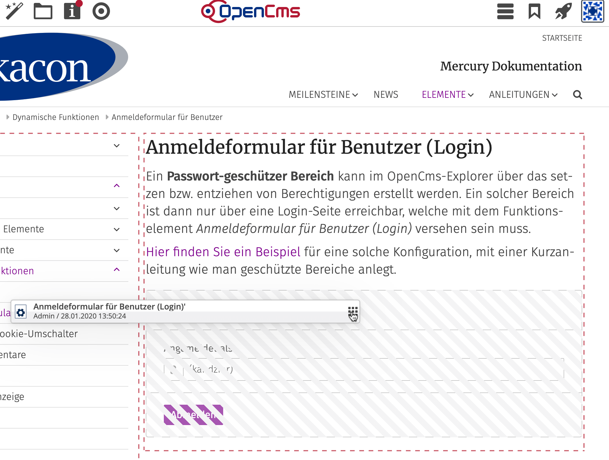 Drag and drop the ‘Login form’ function onto a page