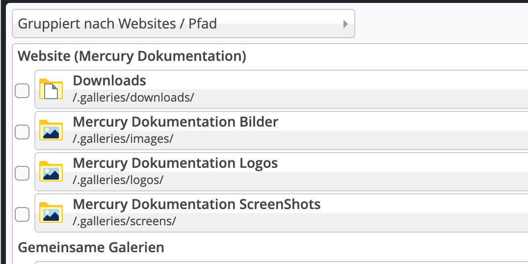 Gruppierung von Galerien nach Website