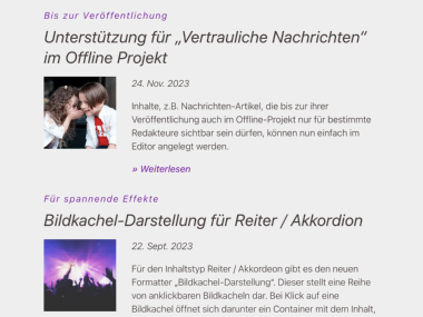 Newsletter Liste mit Bilddarstellung unter der Überschrift, links vom Text