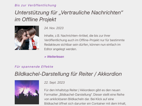 Newsletter Liste mit Bilddarstellung unter der Überschrift, links vom Text