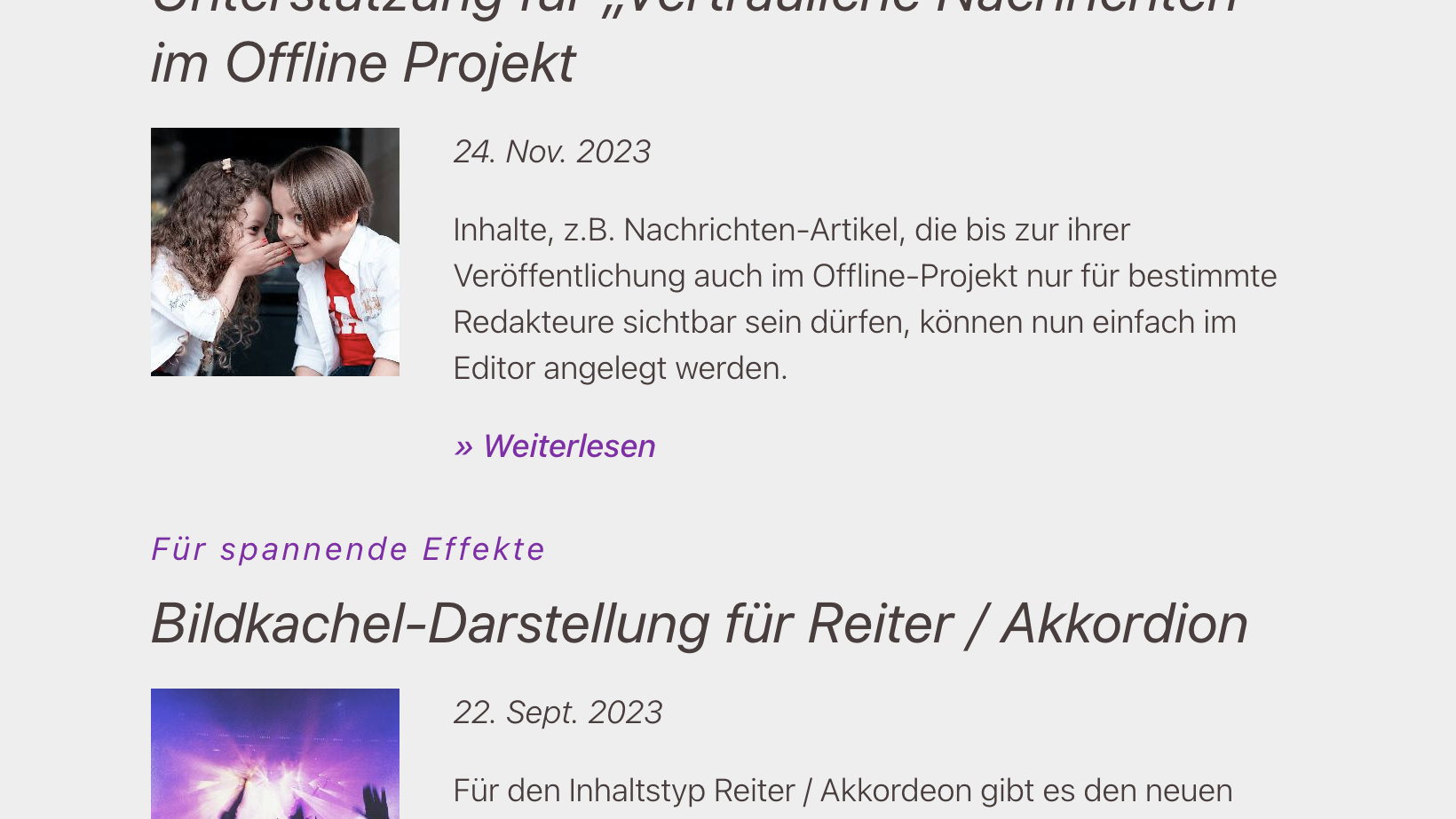 Newsletter Liste mit Bilddarstellung unter der Überschrift, links vom Text