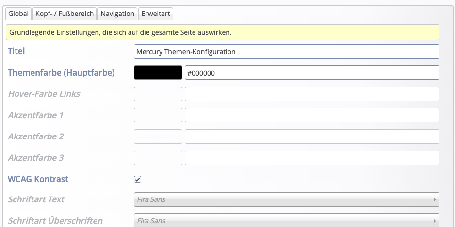 Ansicht einer Mercury Themen-Konfiguration im Formular-Editor