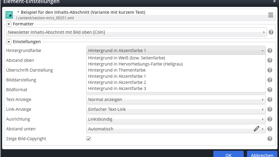 Newsletter Element-Einstellung Hintergrundfarbe