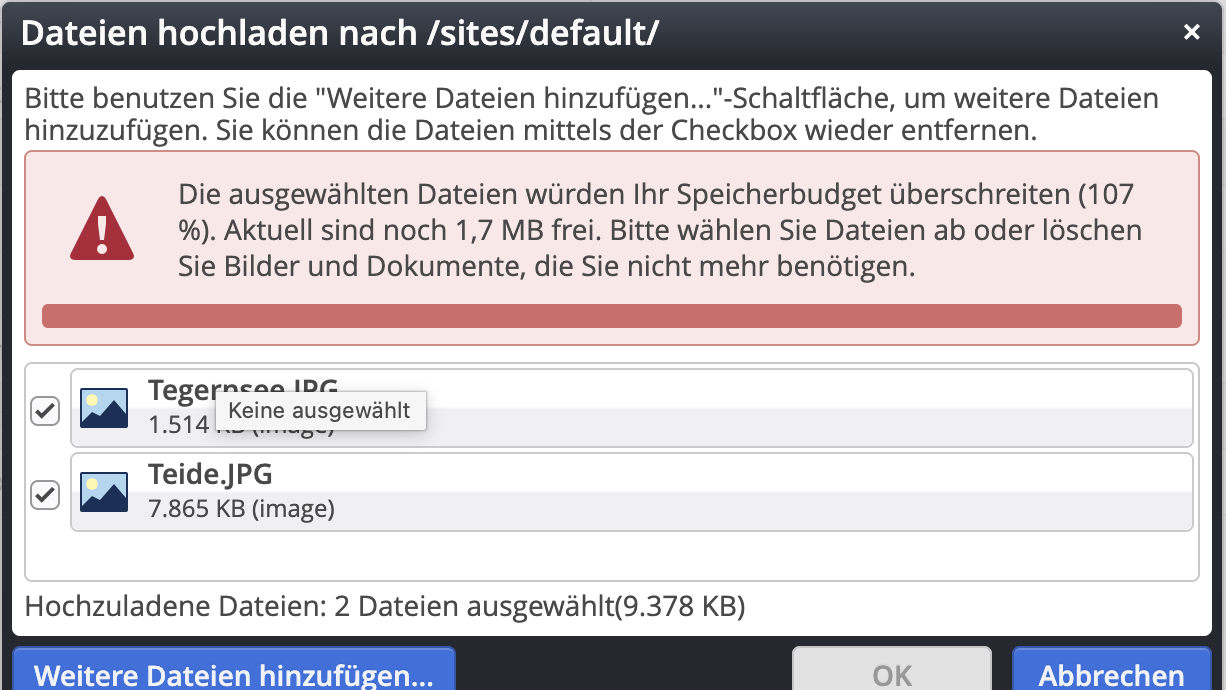 Quota warning in upload dialog