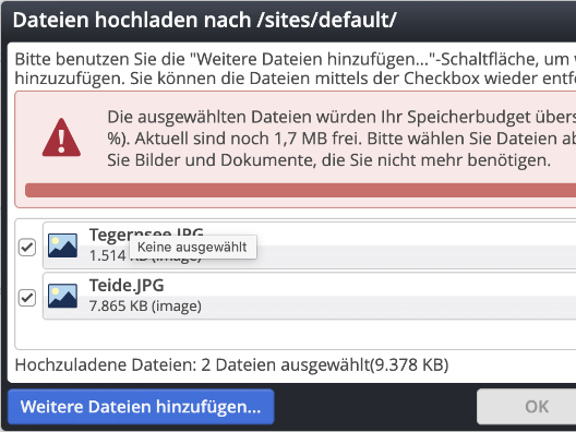 Quota warning in upload dialog